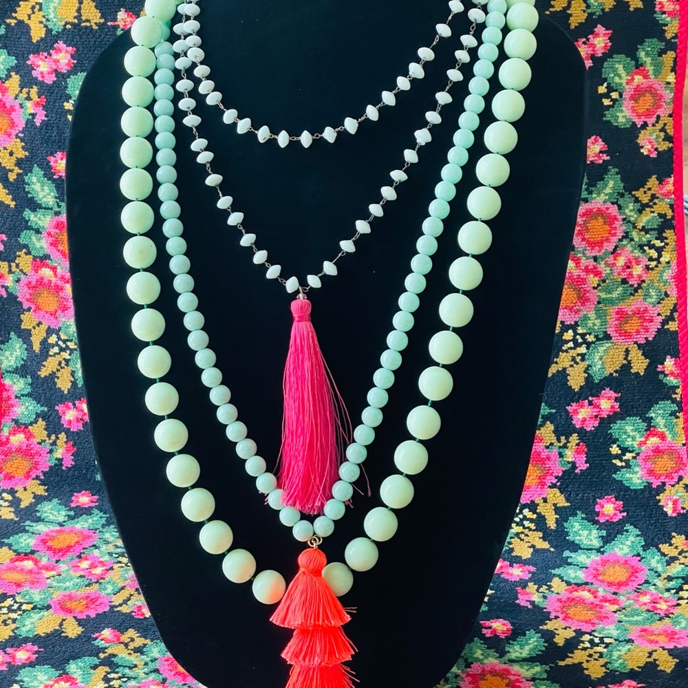 Extra Long Turquoise Toned Beaded Necklace Bundle